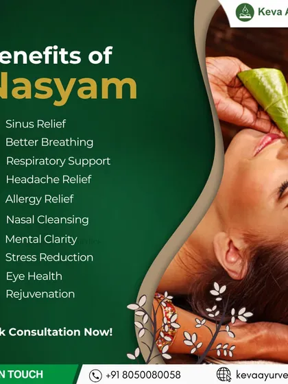 Nasyam is a powerful therapy for clearing the head and neck region. It provides relief from sinus issues, headaches, and allergies while improving mental clarity, reducing stress, and promoting better breathing.