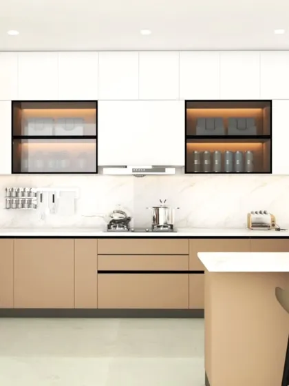 My kitchen designs focus on the perfect blend of functionality and style. This modular kitchen features a clean, two-tone design with handleless cabinets, integrated appliances, and a practical breakfast counter for modern living.