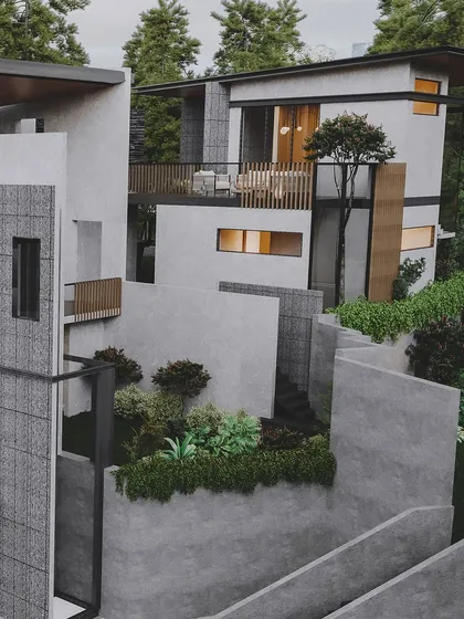 A different angle of the Kasauli project, this render provides a clearer view of the terraced landscaping and outdoor living spaces. The focus is on how the architecture creates functional areas on a challenging, sloped site.