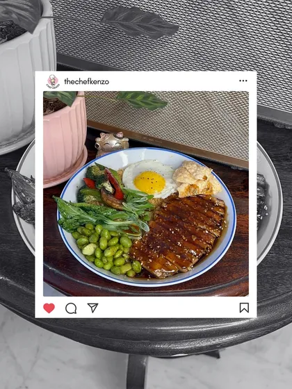 A customer favorite, the Chicken Teriyaki bowl, looking picture-perfect with edamame, greens, and a sunny-side-up egg.
