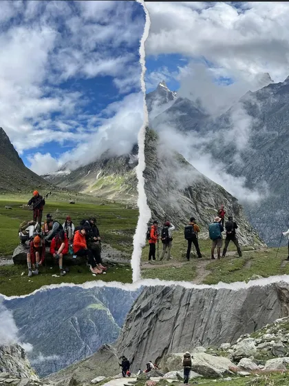 A collage capturing the different moods of the Hampta Pass trek, from green meadows and group fun to the challenging pass crossing.