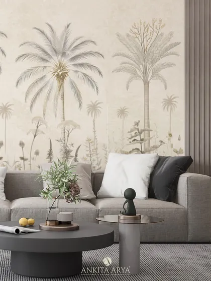 Another angle of the serene tropics wallpaper, showing how the muted tones and hand-illustrated style create a timeless and sophisticated backdrop.