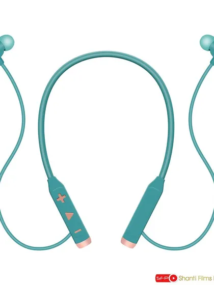 A product-on-white shot of wireless neckband earphones. This ghost-mannequin style of photography provides a clear, unobstructed view of the product, perfect for catalogues.