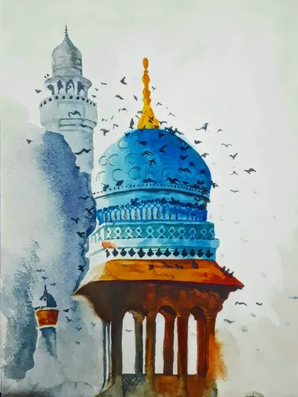 A watercolor painting of a mosque dome with birds in flight. I used the fluid nature of watercolors to create a soft, atmospheric scene.