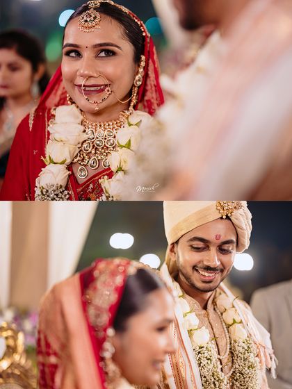 Candid smiles and happy glances exchanged between the bride and groom during their Gujarati wedding ceremony.