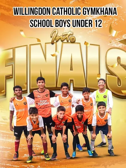 Into the finals! A graphic celebrating our U12 team reaching the finals of the Willingdon Catholic Gymkhana tournament for the second year in a row.