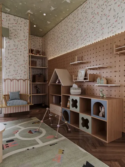 Storage can be playful. Here, a house-shaped shelving unit and cubbies with geometric cutouts offer a fun way to organize toys. The large pegboard wall provides a flexible display for shelves and art, adapting as the child's needs change.