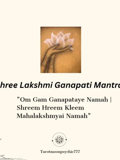 The Shree Lakshmi Ganapati Mantra is "Om Gam Ganapataye Namah | Shreem Hreem Kleem Mahalakshmyai Namah." This slide presents the full mantra for you to chant.