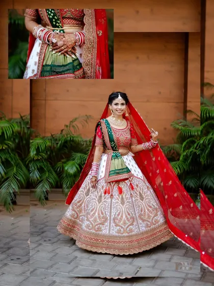 A stunning full-length portrait of the bride in her intricate white and red lehenga, with a close-up of her henna-adorned hands.