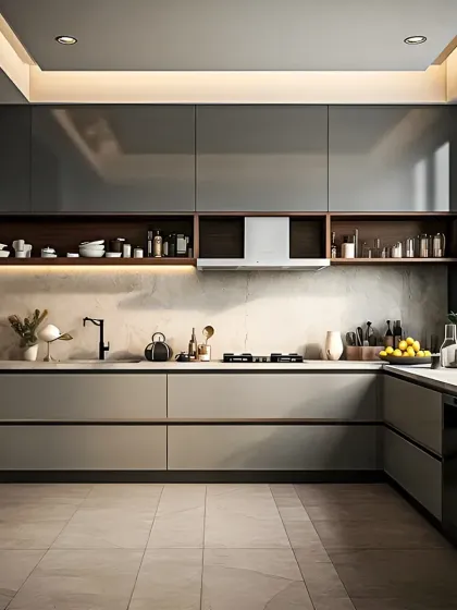 I designed this modular kitchen with a sleek, contemporary aesthetic. It features handleless, high-gloss grey cabinets for a clean look, complemented by open wooden shelving and under-cabinet lighting that highlights the marble backsplash and provides excellent task lighting.
