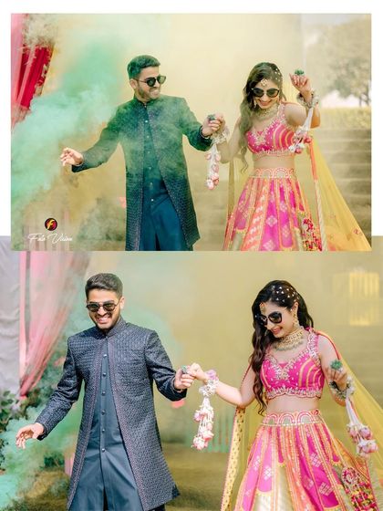 A collage of the couple walking through colored smoke, creating a dreamy and dramatic effect for their Mehendi entrance.