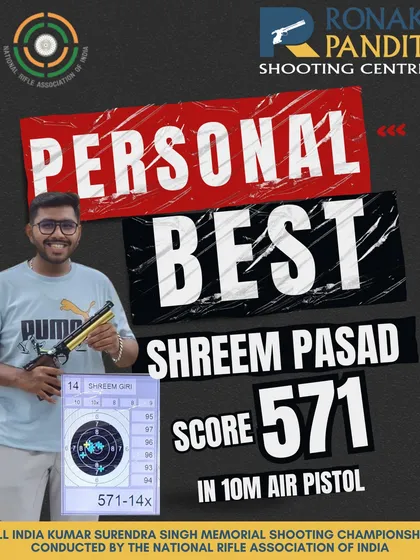 Another personal best alert. We congratulate Shreem Pasad for setting a new benchmark with a score of 571 in the 10m Air Pistol event at the All India Kumar Surendra Singh Memorial Shooting Championship.
