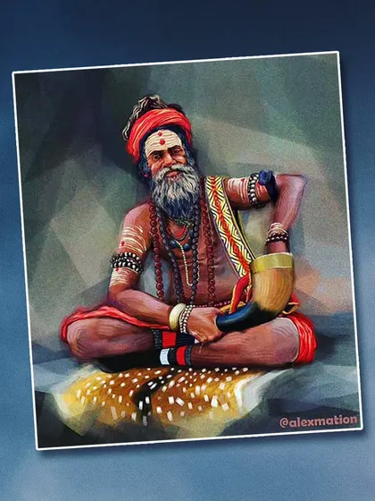 A powerful digital painting of a sadhu by artist Abhishek Kundu. The artwork uses a modern, geometric background to contrast with the traditional subject, blending different styles to create a compelling portrait.