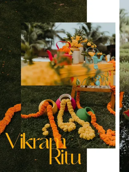 A creative collage of the colorful and quirky Haldi decor details.