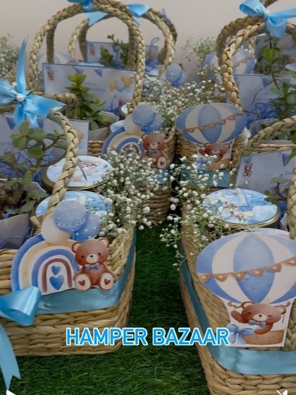 A beautiful hot air balloon themed hamper for baby Ayansh's first birthday. We used jute baskets decorated with fresh gypsophila flowers, giving them a dreamy and delicate look.