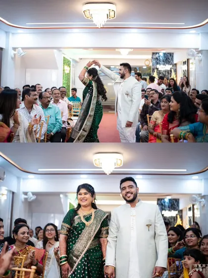 A collage capturing the couple's grand entrance at their engagement party, surrounded by cheering family and friends. Their joy is palpable.