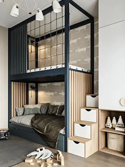 For this child's bedroom, I maximized a small footprint with a custom-built bunk bed. The design includes a lower bed with pull-out storage drawers, a safe upper bunk with a playful rope net, and integrated stairs that double as drawers for toys and clothes.