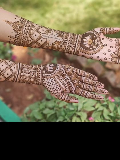 A full-arm design showcasing a variety of traditional Indian motifs. You can spot an elephant, a lotus, and intricate check patterns, all woven together in a beautiful composition.