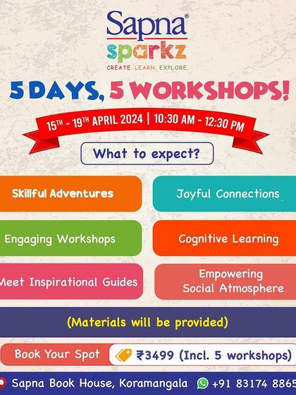 The official poster for our 5-day, 5-workshop summer program, a comprehensive package of fun and learning for kids aged 6+.