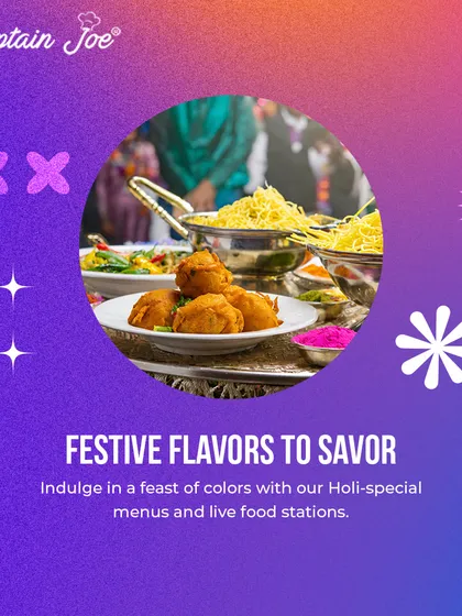 My Holi-special menus and live food stations are all about festive flavors. This close-up on traditional snacks like samosas highlights the delicious treats I offer to make your Holi party a feast to remember.