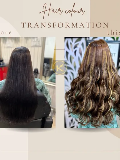 A beautiful before and after of a hair color transformation. I added warm, golden highlights and styled the hair in soft waves to create a look full of volume, shine, and dimension.