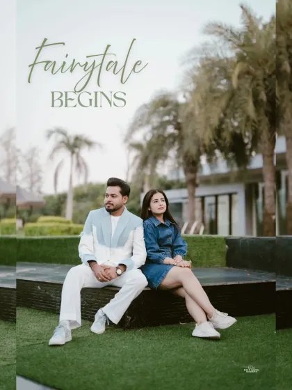 A bright and happy portrait of a couple in stylish casual wear, set against the backdrop of a modern home with lush greenery. The text "Fairytale Begins" adds a touch of romance.