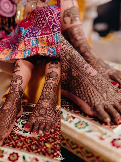 A close-up collage of a bride's intricate mehendi design, showcasing the beautiful details on her feet.