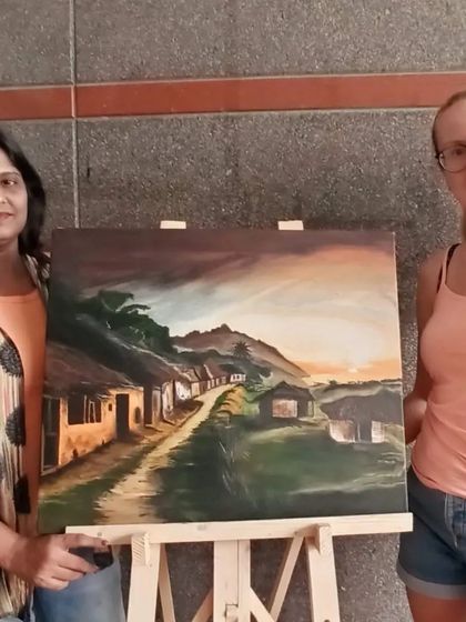 A participant from Poland with her completed landscape painting. I'm always happy to welcome international students to my studio and share the joy of painting.