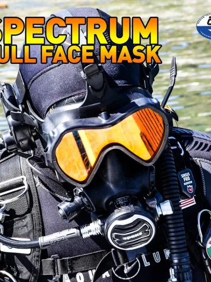 The OTS Spectrum Full Face Mask, shown here with its distinctive orange-tinted lens, offers an ultra-wide field of vision. Its single-pane, low-profile design enhances situational awareness, making it ideal for exploration and underwater work.