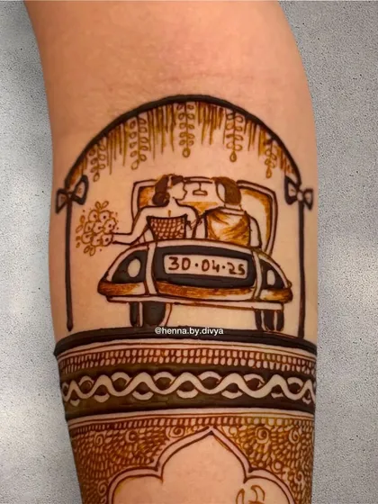 A close-up of a personalized detail from a bridal mehendi. This small portrait shows the couple sharing a kiss in a car, with their wedding date '30.04.25' on the license plate.