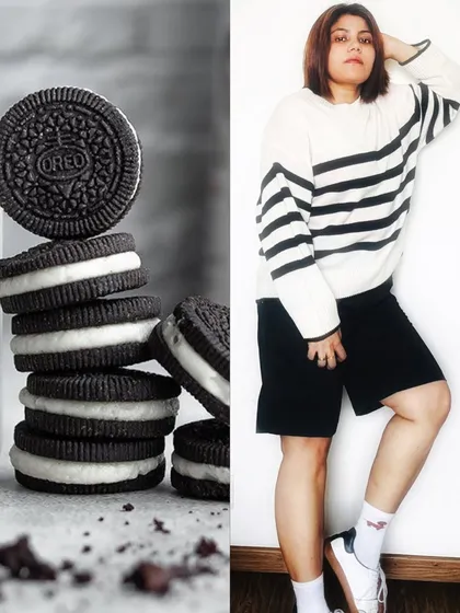 I love finding creative ways to connect brands with culture. This is an example of a conceptual 'Oreo-core' outfit, translating the classic black-and-white aesthetic of the cookie into a chic, monochrome K-style look.