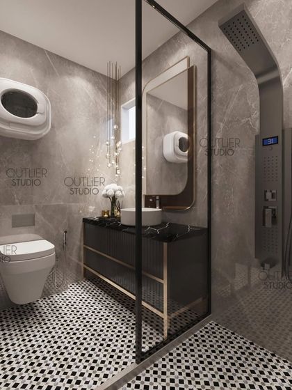 An aesthetic bathroom for everyday elegance. This compact powder room uses bold black and white patterned flooring, a sleek black vanity, and a glass shower partition to maximize style in a small space.