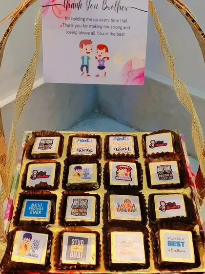 A still image of the 16-piece personalized chocolate basket for Rakhi.