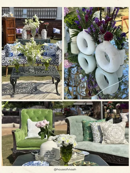 A collage showcasing our use of varied textures and styles in lounge seating, from modern printed sofas to classic velvet armchairs and unique donut-shaped vases.
