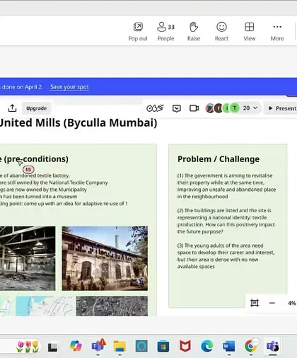 A student group presents their proposal for the India United Mills site in Mumbai during our virtual workshop. This demonstrates how our programs tackle real-world urban challenges, encouraging students to develop practical solutions.