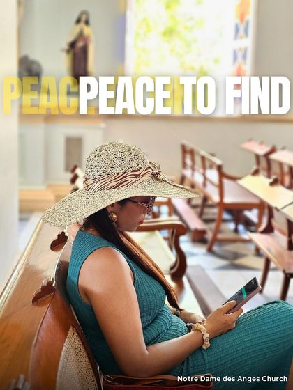 Finding peace in the quiet corners of Pondicherry. A woman sits in the serene Notre Dame des Anges Church, a moment of quiet reflection amidst a trip full of adventure.