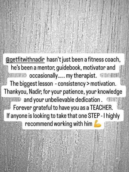 A powerful testimonial where a client calls me a mentor, guidebook, and therapist, highlighting the lesson of "consistency > motivation." This is the core of my philosophy.