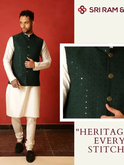 Step up your style game with this exquisite Kurta Jacket for men. A classic white kurta is elevated by a dark green, subtly sparkling jacket, blending tradition with modern elegance.