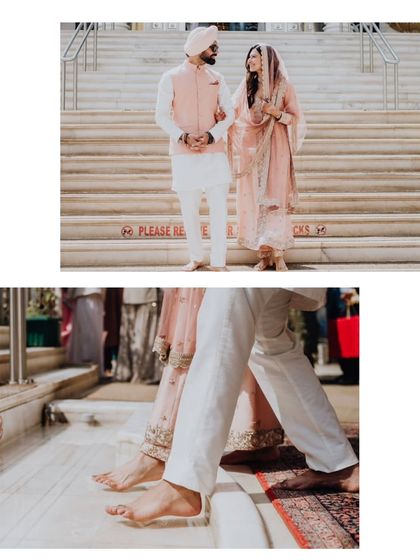 A collage showing the couple on the steps of the Gurudwara and a close-up of their bare feet, symbolizing respect and humility.