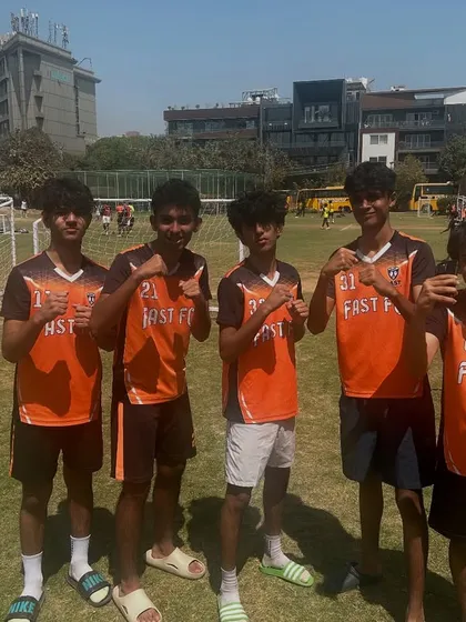 Some of our U15 players posing after a great performance in the Gurgaon Youth League, celebrating three wins in three matches.