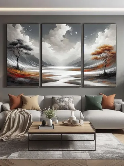 A custom triptych landscape painting can bring a sense of calm and openness to your living area. This three-panel piece was created to evoke a serene, expansive view, perfectly complementing the neutral tones of the room and providing a window to a peaceful world.