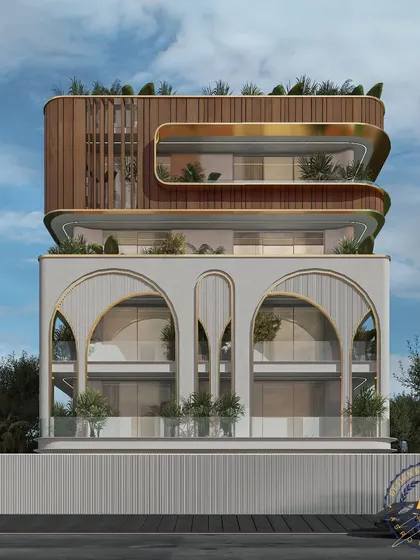 This facade presents a striking visual narrative where the timeless elegance of arches is juxtaposed with crisp, modern lines. The color palette of warm wood, pristine white, and gleaming gold accents adds a touch of luxury and sophistication.