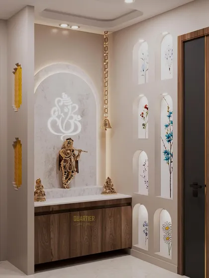 A 3D design proposal for a Mandir, featuring an intricate back panel with a "Ganesha" motif and a series of decorative arches on the side wall. This option creates a deep, traditional, and visually rich sacred space.