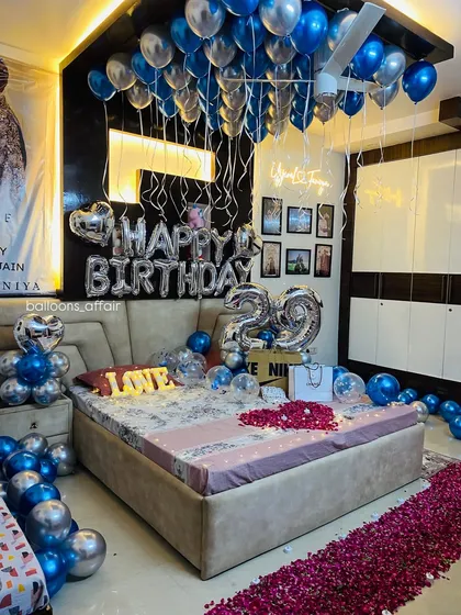 This is one of my most requested birthday decoration packages. The room is filled with metallic blue and silver helium balloons, with large foil balloons for the age and a "Happy Birthday" message, creating a full and festive atmosphere.