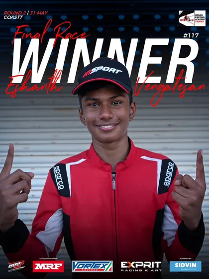 Eshanth Vengatesan on the top step as the Round 2 winner of the Indian Karting Academy Trophy.