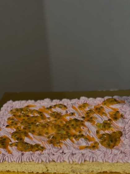 Another look at our passion fruit and raspberry creation, this time with a raspberry mousse piping. The combination of sweet and tart is simply divine.