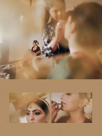 A collage of behind-the-scenes moments of the bride getting ready, capturing the process of her transformation.
