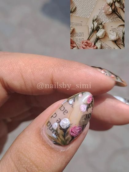 This nail art was inspired by a vintage aesthetic of dried roses on old book pages. I love how romantic and delicate it feels.