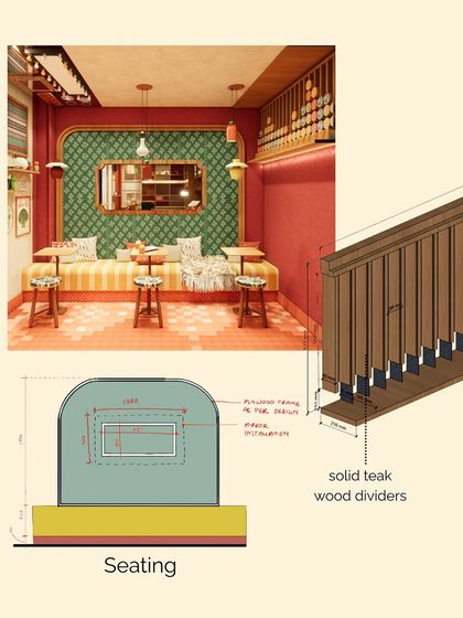 More in-progress fun from the Mina Creamery project. This image shows our detailed drawings for the seating area and solid teak wood dividers, alongside a colorful render that brings the vision to life.