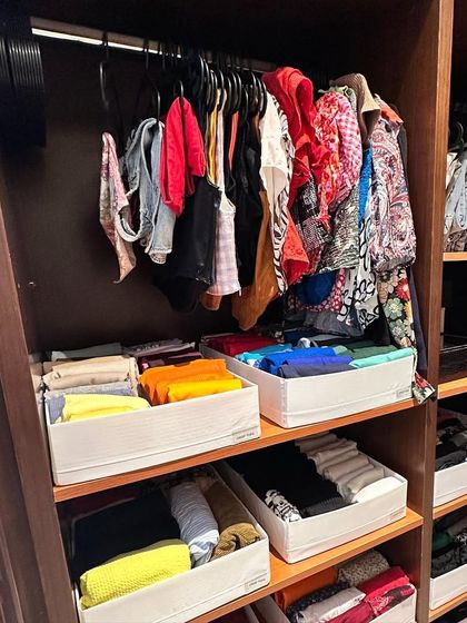 Pro Tip: Use the space below your hanging clothes effectively. Here, we've added labeled bins that act as pull-out drawers, perfect for storing folded t-shirts and loungewear.
